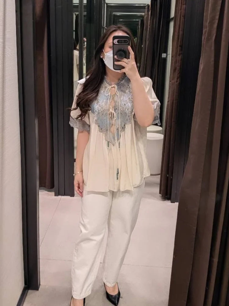 Floral Stamp Lace Patchwork Blouse Ruffle Neck Tie Front Puff Short Sleeve Loose Boho Shirt Women's Casual Vacation Top 2026 New