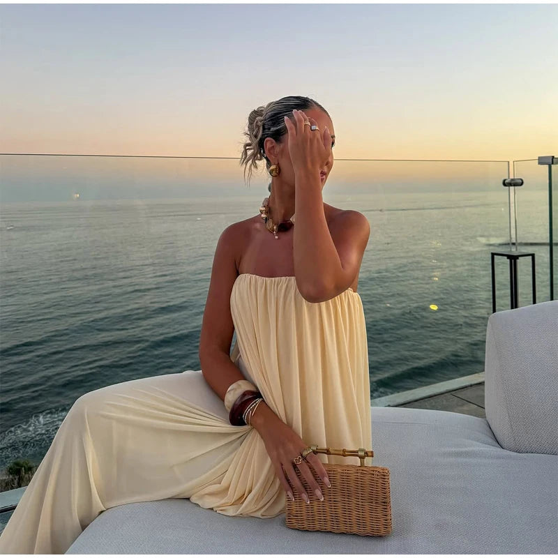 Sexy Pleated Strapless Maxi Dress Women Chic Solid Sleeveless Backless Loose Long Dresses 2026 Summer Lady Vacation Beach Outfit