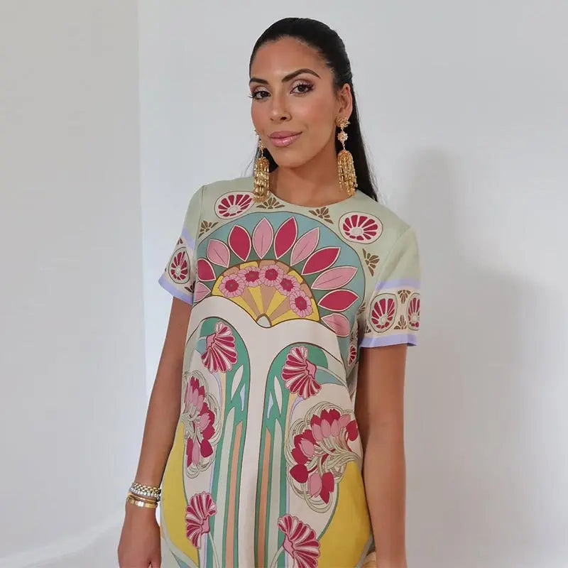 Chic Printed Women's Dress O-Neck Short Sleeve Loose Feather Patchwork Women'S Long Dresses 2026 Summer Female Vacation Robe