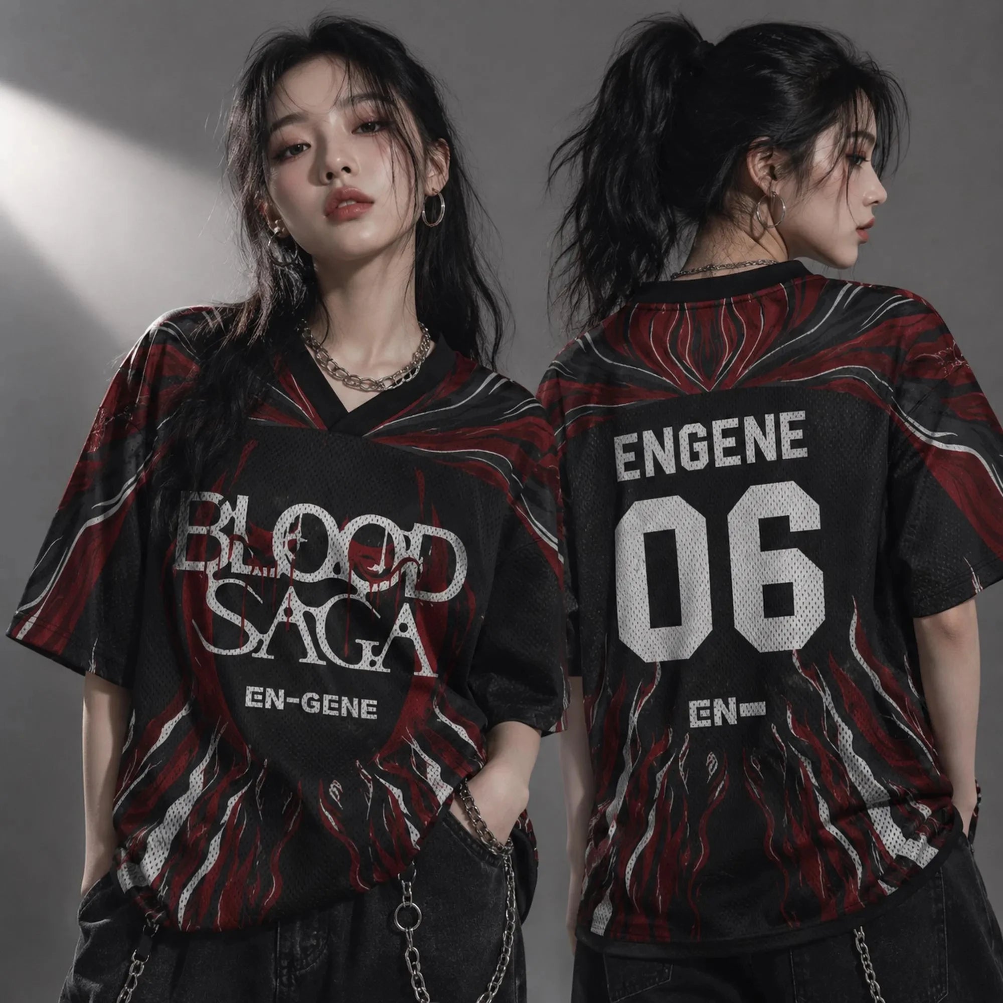 ENHYPEN NI-KI 10 Flame Mesh Jersey Tee Blood Saga Red Flame Full Print V Neck Oversized Kpop Fan Concert Breathable Street Top