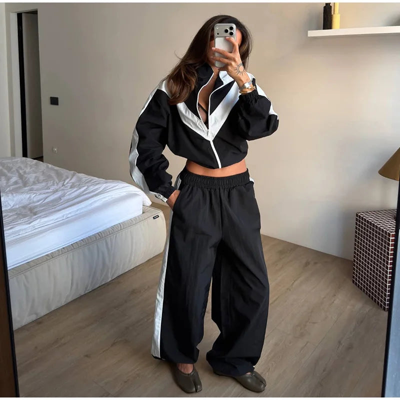 Fashion Color Block 2 Piece Tracksuit Women's Stand Collar Zip Lightweight Jacket Loose Mini Shorts 2026 New Lady Casual Outfit