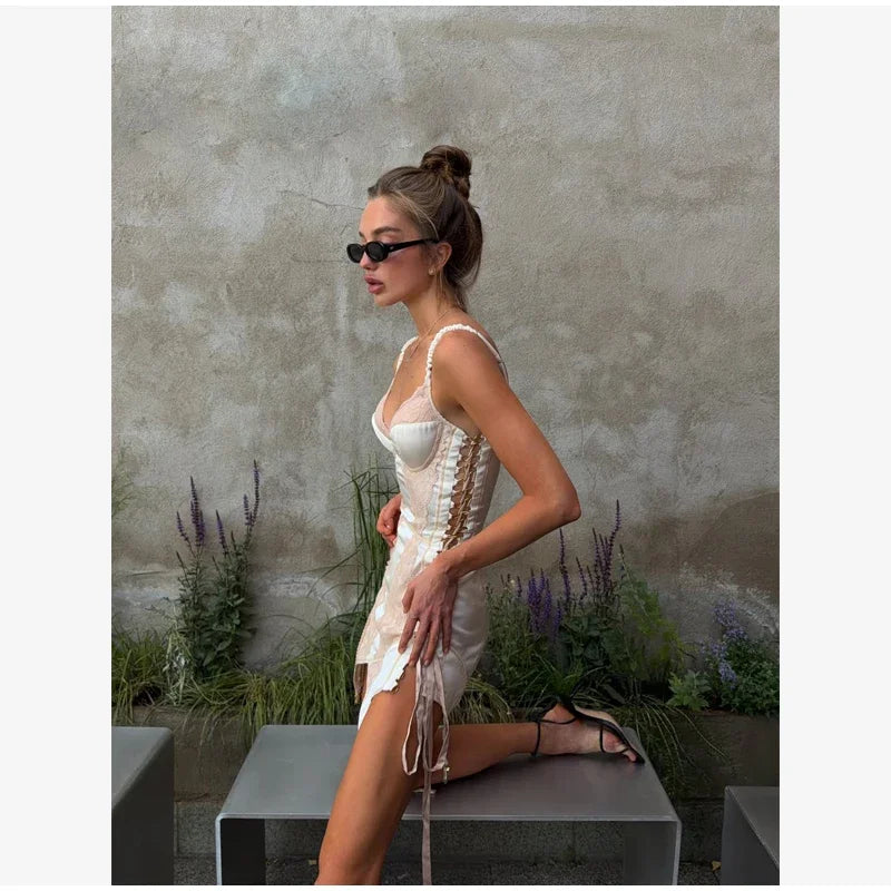 Lace Corset Mini Dress Sexy Slim Fit V Neck Off Shoulder Cami Slip Robes Women's Nightclub New Party Evening Gowns 2026 Arrival