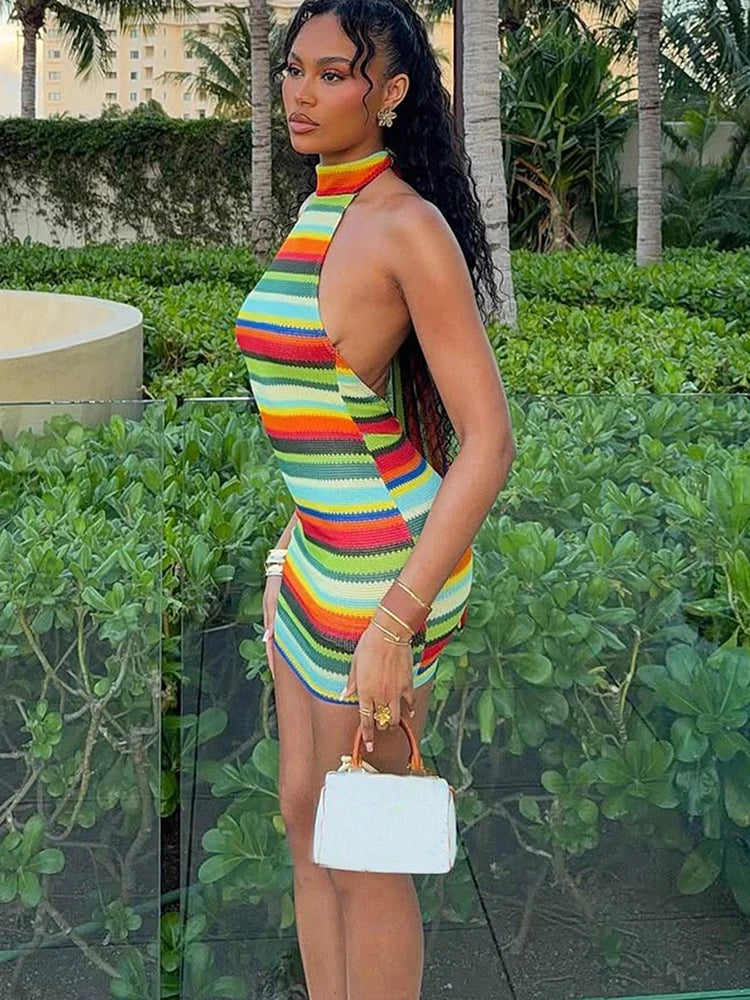 Kliou Stripe Patchwork Mini Dress Woman Bandage Halter Off Shoulder Backless Skinny Peach Hip Hot Girls Street Fashion Bodycon