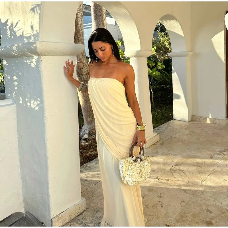 Sexy Pleated Strapless Maxi Dress Women Chic Solid Sleeveless Backless Loose Long Dresses 2026 Summer Lady Vacation Beach Outfit