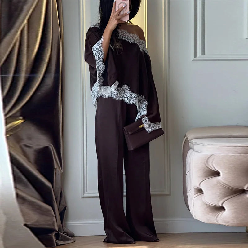 Elegant Lace Patchwork Women's Shirt Skirts Suit Long Sleeve  Off Shoulder Loose Lady Set 2026 Summer Autumn Chic Female Outfits