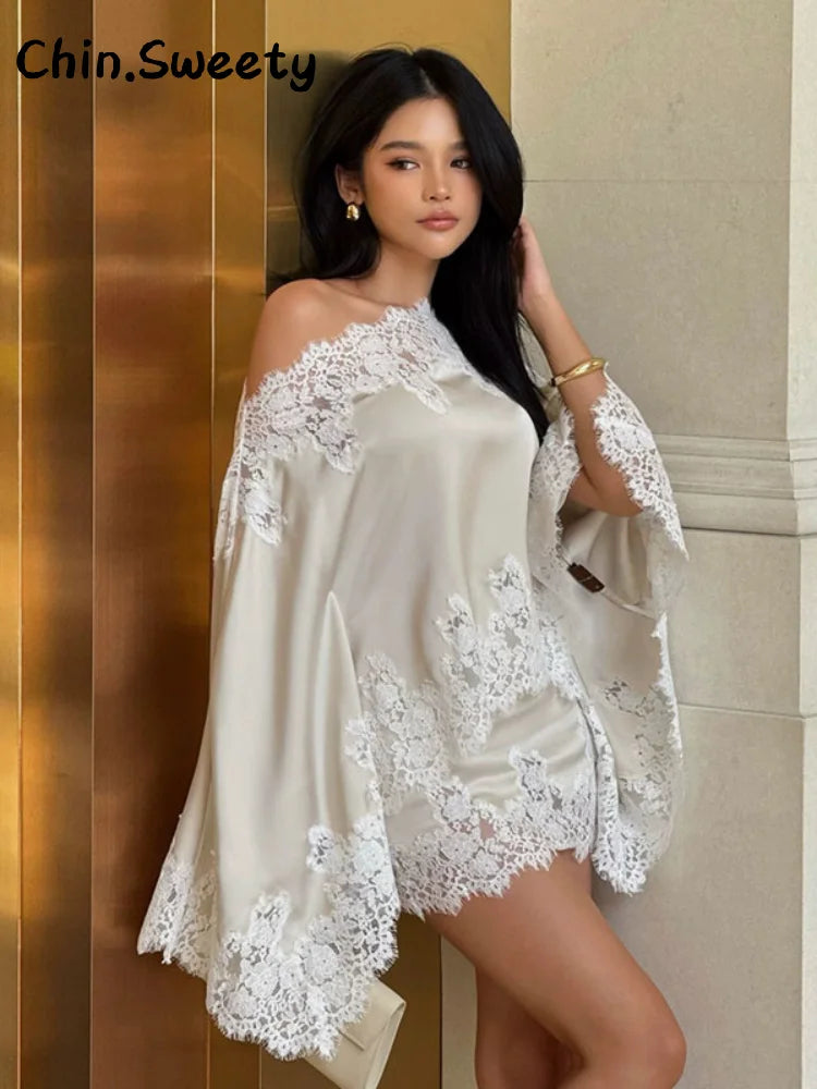 Elegant Women's Satin Lace Patchwork Top Skirt Set Loose Sloping Shoulder Full Sleeve Top Mini Skirts 2026 Summer Lady Suit
