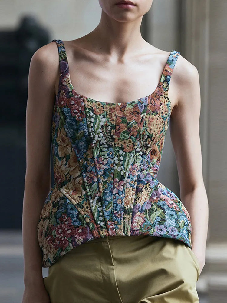 Women Top Floral Printed Spaghetti Strap Corset Top U-Neck Fishbone Boned Cinched Waist Irregular Hem Retro Vacation Camisole