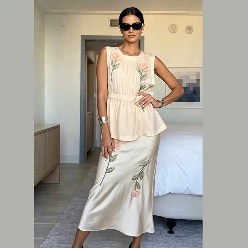 3D floral Embroidered women's midi dress square neck sleeveless pleated Peplum satin vestidos 2026 new early autumn lady dresses
