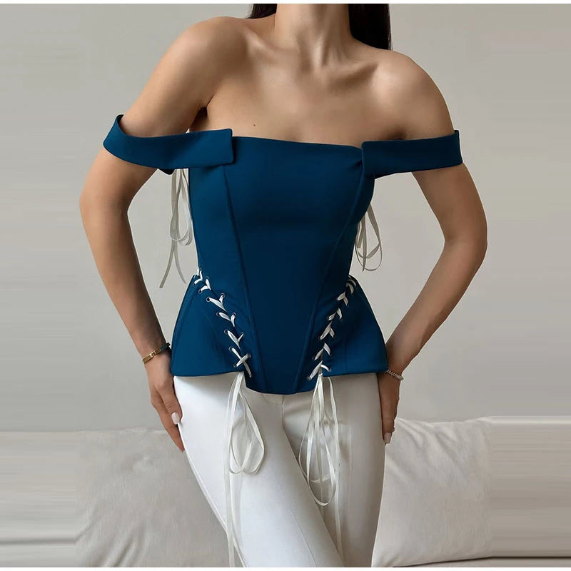 Elegant Off Shoulder Blue Tube Top Women's Contrast Lace Up Waist Cinched Corset Tops 2026 Summer New Lady Fashion Streetwear