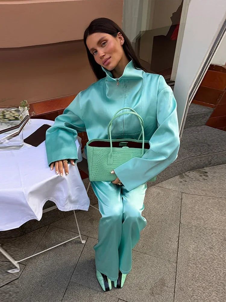 Women Satin Stand Collar Loose Jacket 2 Piece Set Long Sleeve Zip Coat Elastic Waist Pants Matching Co Ord 2026 Casual Outfits