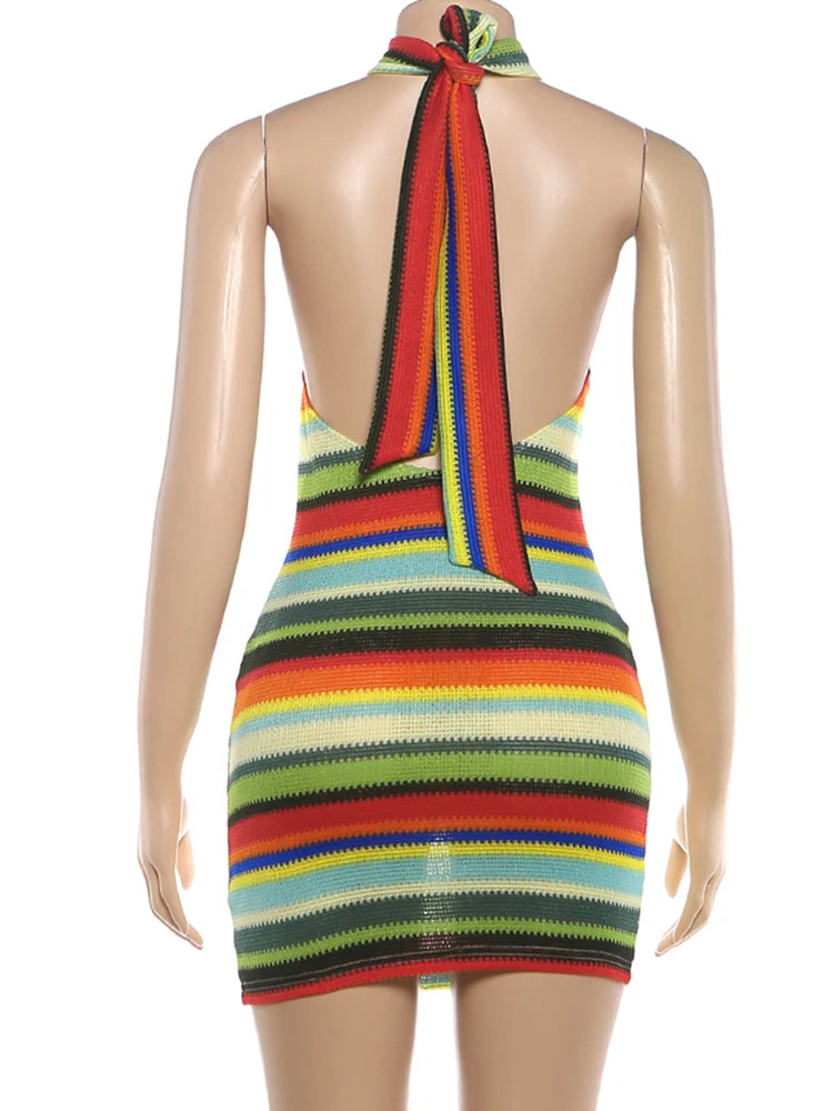 Kliou Stripe Patchwork Mini Dress Woman Bandage Halter Off Shoulder Backless Skinny Peach Hip Hot Girls Street Fashion Bodycon