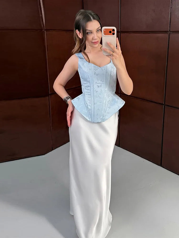 Women Top Floral Printed Spaghetti Strap Corset Top U-Neck Fishbone Boned Cinched Waist Irregular Hem Retro Vacation Camisole