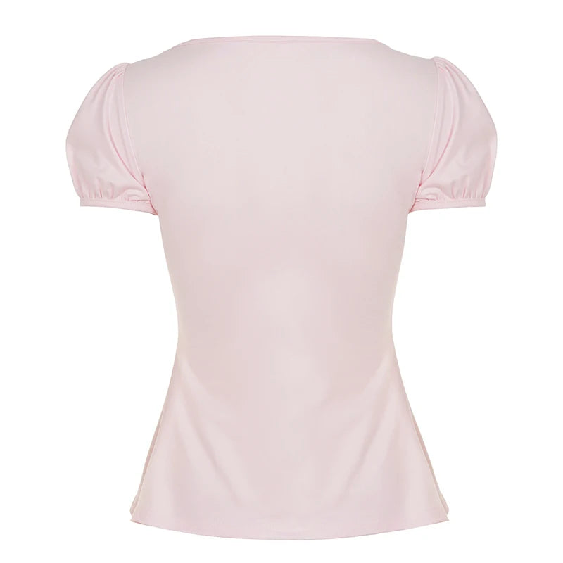 [RUOKE] Casual Y2K Contrast Color Top Women Spring Summer Square Neck Puff Sleeve Bow Slim A-line Babydoll Blouse Sweet Coquette