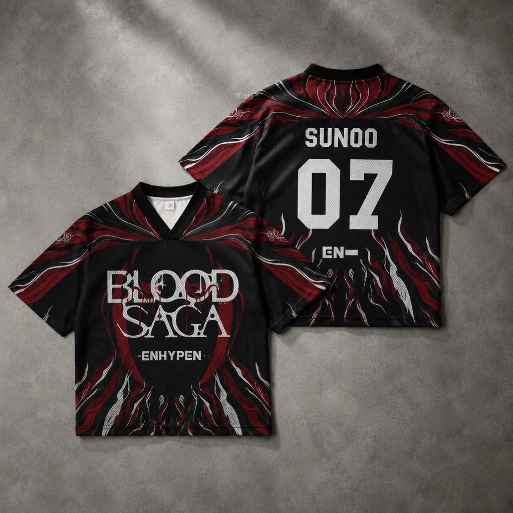 ENHYPEN NI-KI 10 Flame Mesh Jersey Tee Blood Saga Red Flame Full Print V Neck Oversized Kpop Fan Concert Breathable Street Top