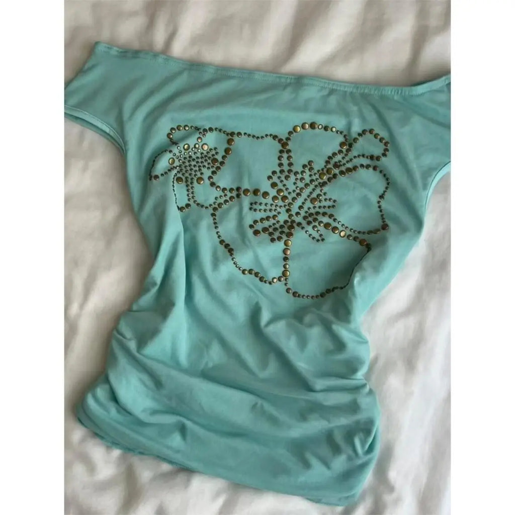 Y2k Clothes T Shirt Women Green Beading Flowers Vintage Sexy Cropped Tops Street Fashion tees Skew Collar Slim Fit Ropa De Mujer