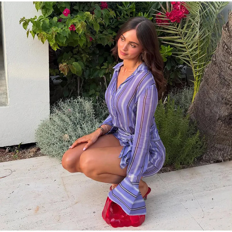 Stripe Wrap Tie Shirt Mini Dress Lapel Collar Long Flare Sleeve Loose Casual Dresses 2026 Summer Beach Vacation Fashion Outfit