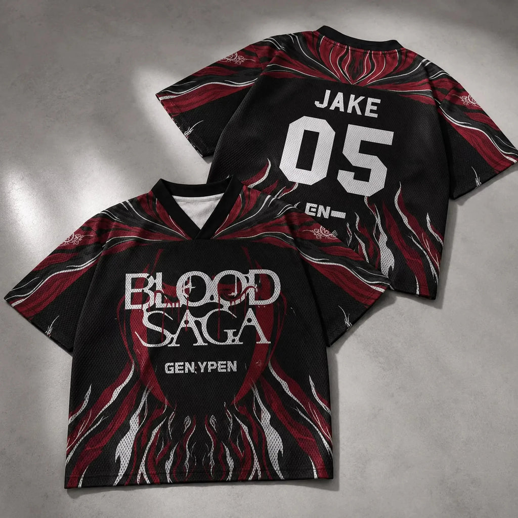 ENHYPEN NI-KI 10 Flame Mesh Jersey Tee Blood Saga Red Flame Full Print V Neck Oversized Kpop Fan Concert Breathable Street Top