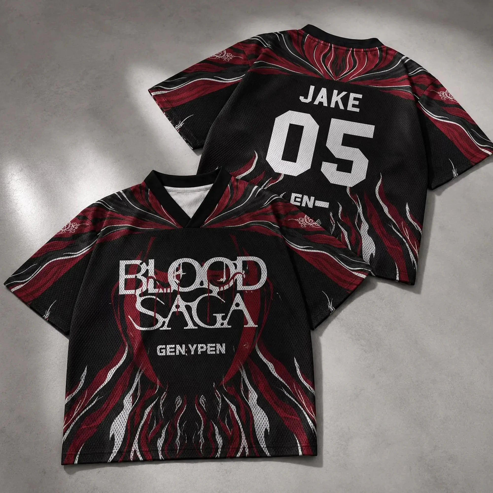 ENHYPEN NI-KI 10 Flame Mesh Jersey Tee Blood Saga Red Flame Full Print V Neck Oversized Kpop Fan Concert Breathable Street Top