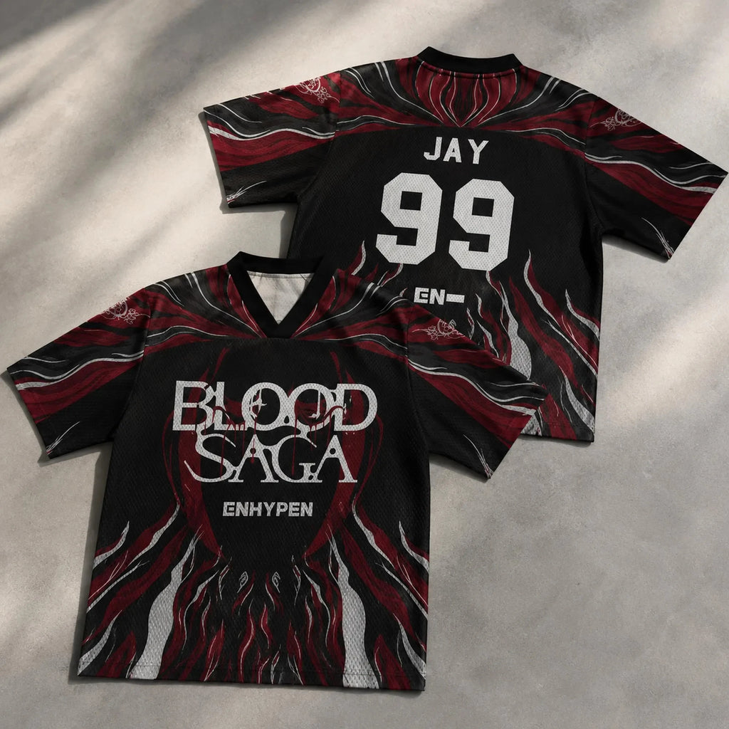 ENHYPEN NI-KI 10 Flame Mesh Jersey Tee Blood Saga Red Flame Full Print V Neck Oversized Kpop Fan Concert Breathable Street Top