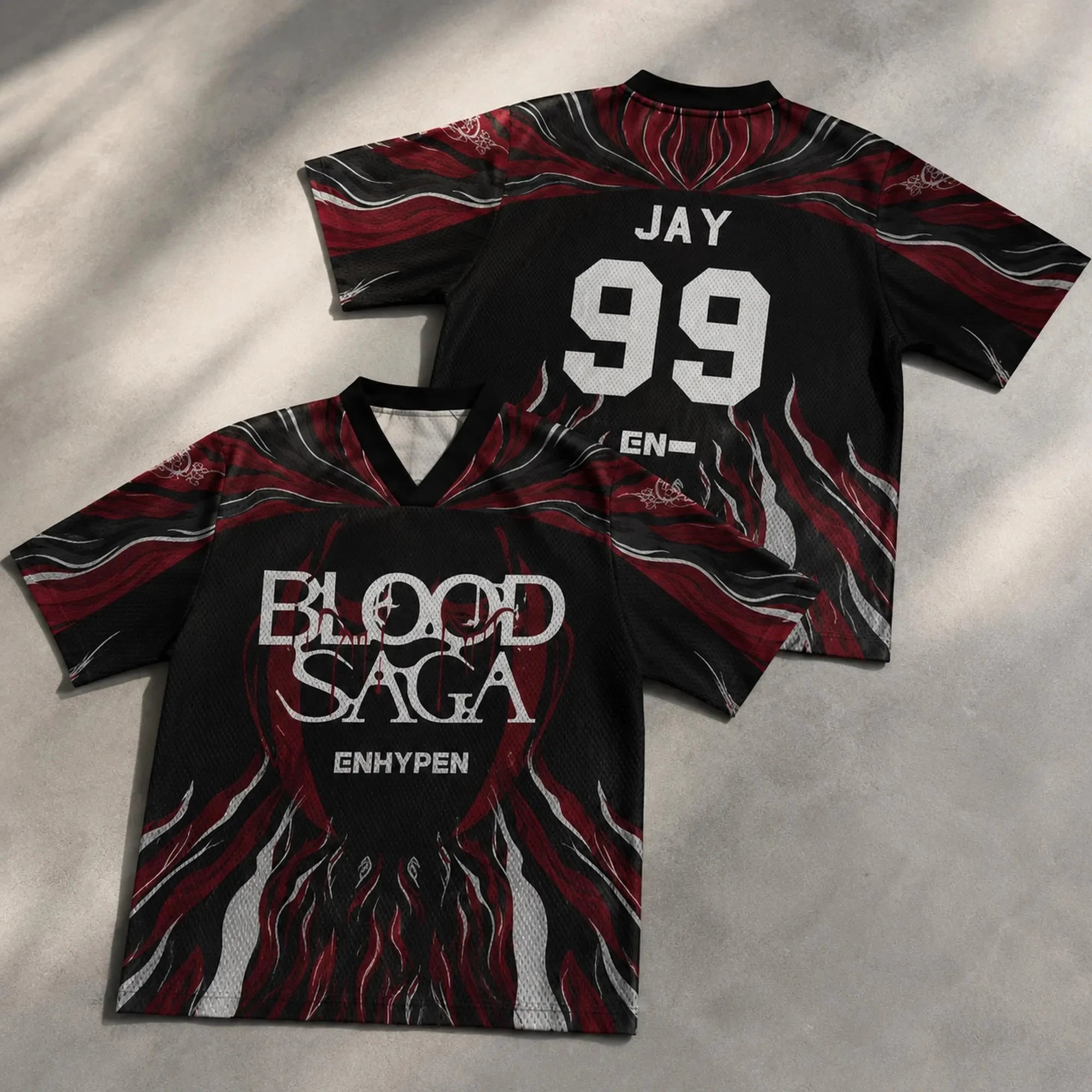 ENHYPEN NI-KI 10 Flame Mesh Jersey Tee Blood Saga Red Flame Full Print V Neck Oversized Kpop Fan Concert Breathable Street Top