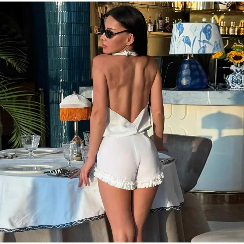 Elegant Women's Solid Halter Top Shorts Set Sleeveless Backless Swing Collar Vest Pleated Short Pant 2026 Summer Lady Beach Suit