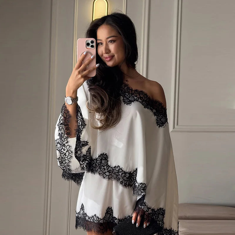 Elegant Women's Satin Lace Patchwork Top Skirt Set Loose Sloping Shoulder Full Sleeve Top Mini Skirts 2026 Summer Lady Suit