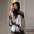 Elegant Women's Satin Lace Patchwork Top Skirt Set Loose Sloping Shoulder Full Sleeve Top Mini Skirts 2026 Summer Lady Suit