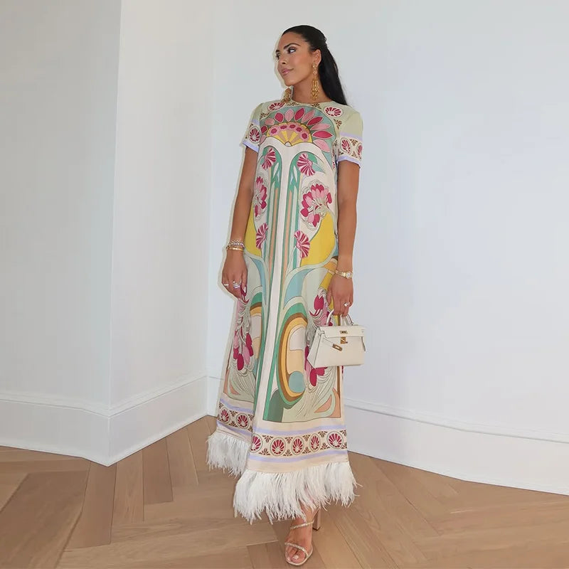 Chic Printed Women's Dress O-Neck Short Sleeve Loose Feather Patchwork Women'S Long Dresses 2026 Summer Female Vacation Robe