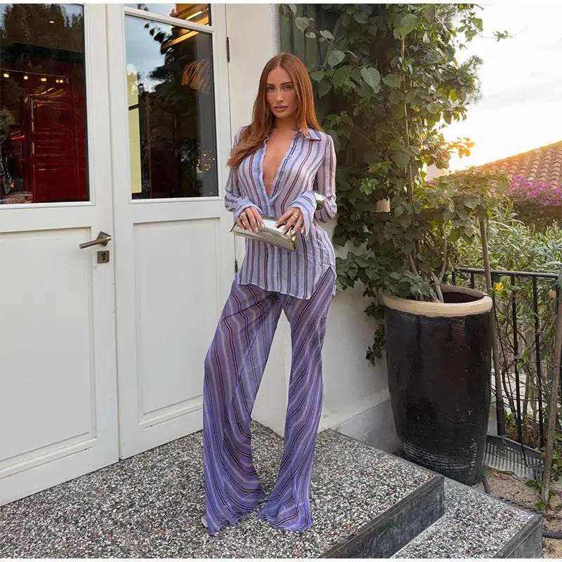Stripe Wrap Tie Shirt Mini Dress Lapel Collar Long Flare Sleeve Loose Casual Dresses 2026 Summer Beach Vacation Fashion Outfit