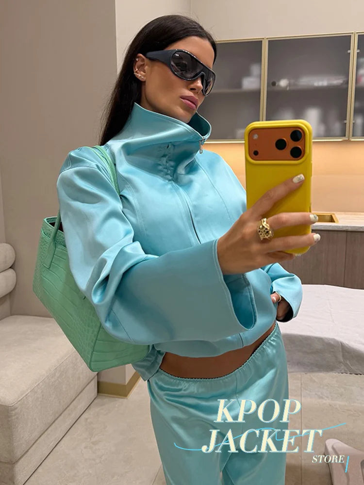 Women Satin Stand Collar Loose Jacket 2 Piece Set Long Sleeve Zip Coat Elastic Waist Pants Matching Co Ord 2026 Casual Outfits