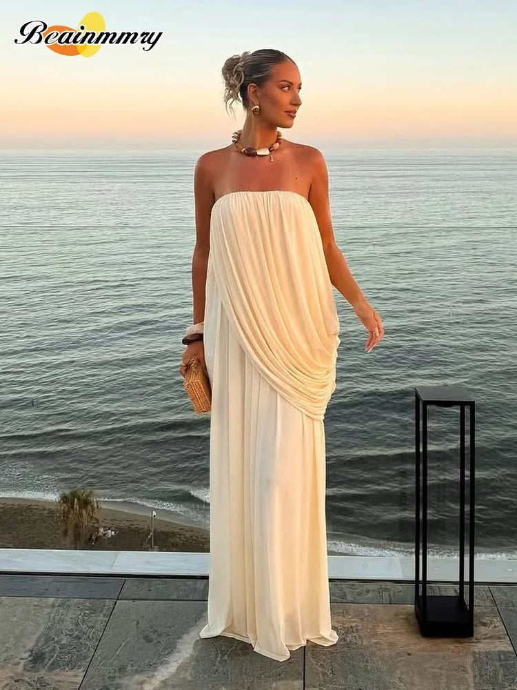 Sexy Pleated Strapless Maxi Dress Women Chic Solid Sleeveless Backless Loose Long Dresses 2026 Summer Lady Vacation Beach Outfit