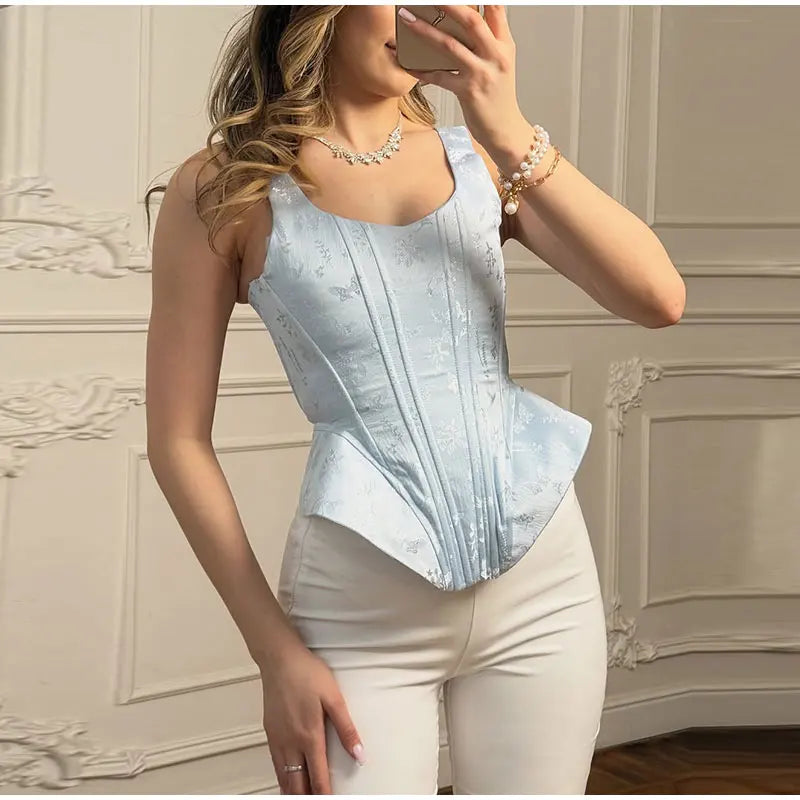 Women Top Floral Printed Spaghetti Strap Corset Top U-Neck Fishbone Boned Cinched Waist Irregular Hem Retro Vacation Camisole
