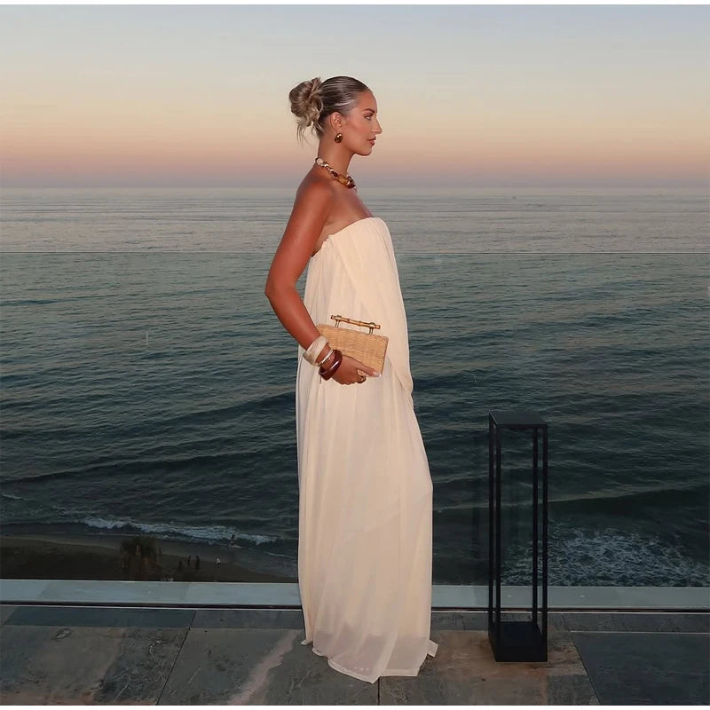 Sexy Pleated Strapless Maxi Dress Women Chic Solid Sleeveless Backless Loose Long Dresses 2026 Summer Lady Vacation Beach Outfit