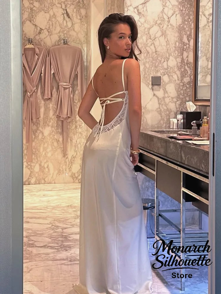 Sexy Lace Trim Satin Short Dress Women Solid Square Neck Sleeveless Waist Cinching Split Mini Dresses Summer Lady Party Robes