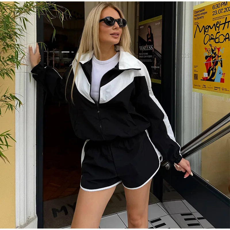 Fashion Color Block 2 Piece Tracksuit Women's Stand Collar Zip Lightweight Jacket Loose Mini Shorts 2026 New Lady Casual Outfit
