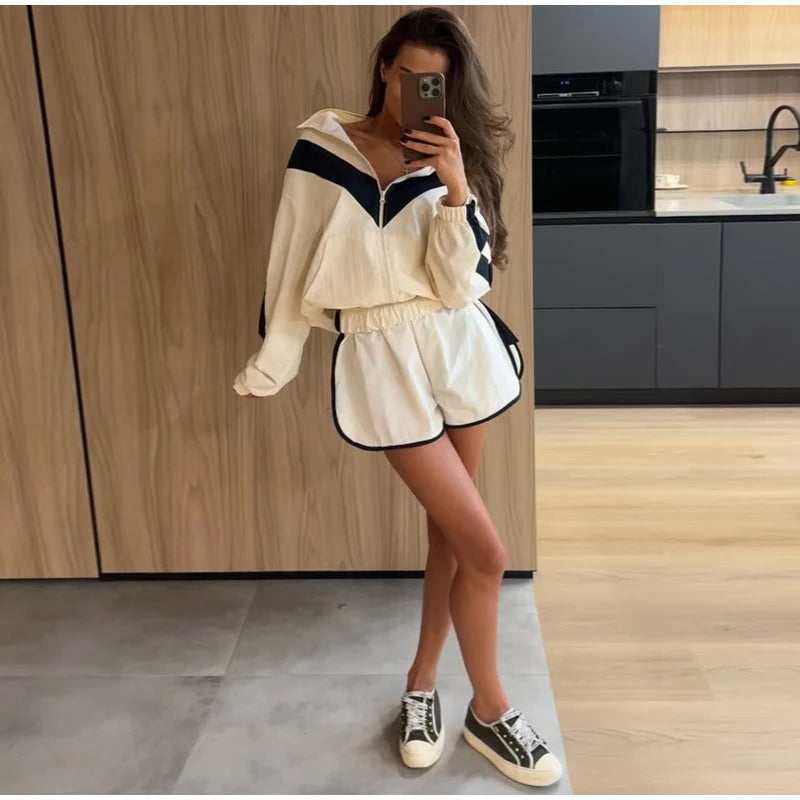 Fashion Color Block 2 Piece Tracksuit Women's Stand Collar Zip Lightweight Jacket Loose Mini Shorts 2026 New Lady Casual Outfit