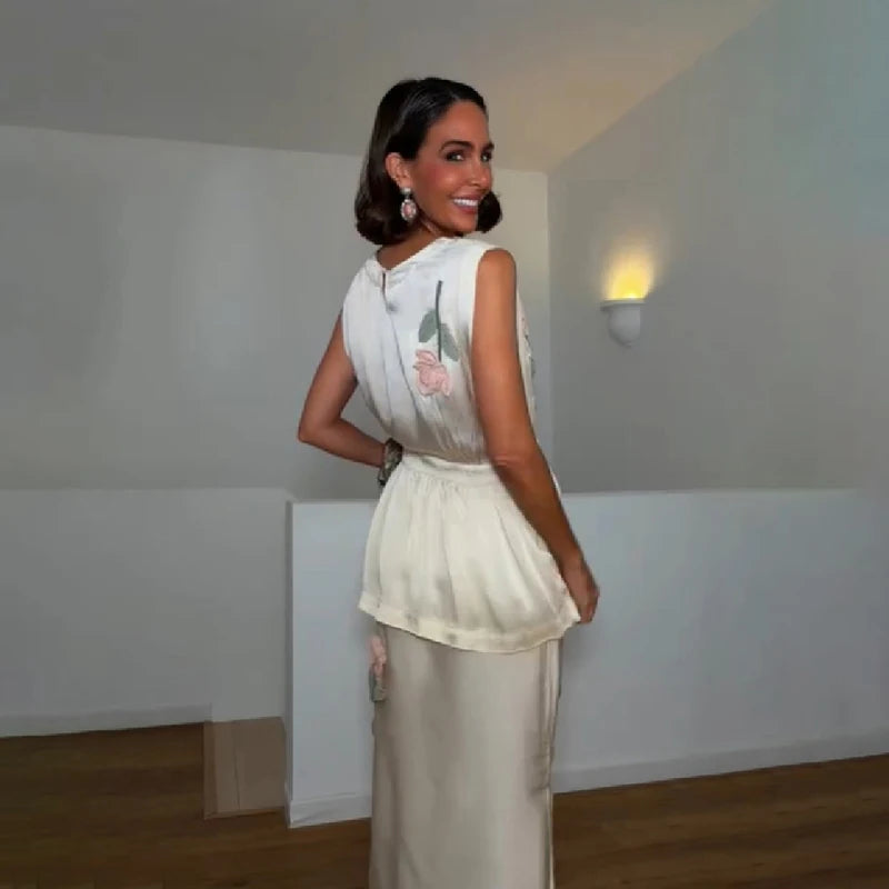 3D floral Embroidered women's midi dress square neck sleeveless pleated Peplum satin vestidos 2026 new early autumn lady dresses