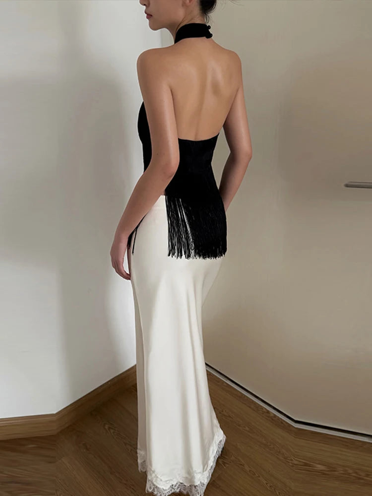Solid Satin Women Fringe Top Cross Halter Neck Sleeveless Off Shoulder Backless Fashion Crop Tank Tops 2026 Summer Chic Outfits