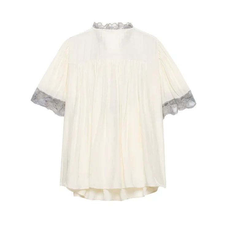 Floral Stamp Lace Patchwork Blouse Ruffle Neck Tie Front Puff Short Sleeve Loose Boho Shirt Women's Casual Vacation Top 2026 New