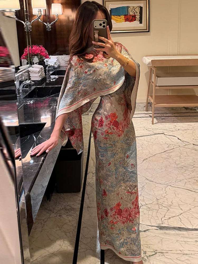 Women Tropical Leaf Print Cape Two Piece Set Batwing Loose Top High Waist Maxi Dress 2026 Summer Fashion Vacation Casual Suit