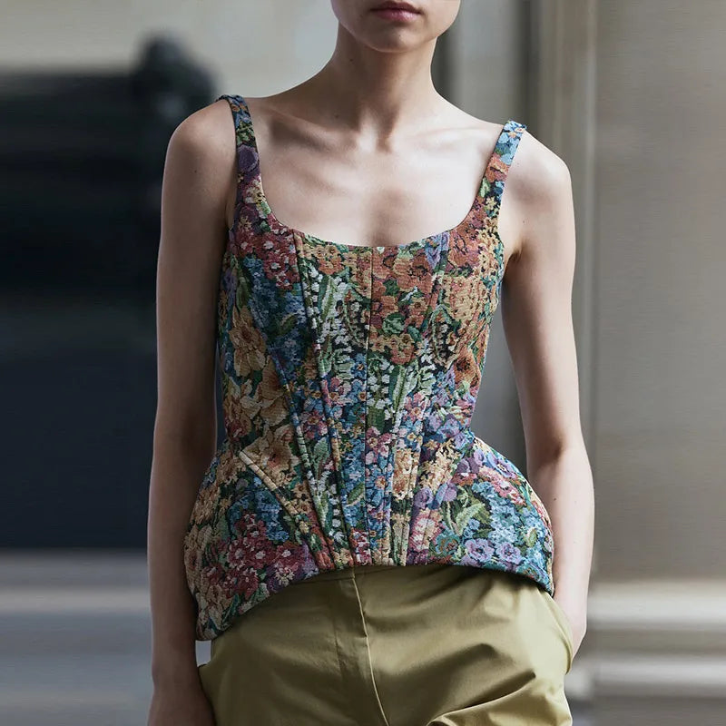 Women Top Floral Printed Spaghetti Strap Corset Top U-Neck Fishbone Boned Cinched Waist Irregular Hem Retro Vacation Camisole