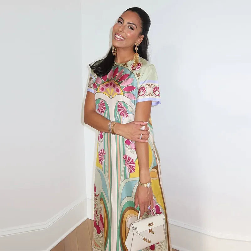 Chic Printed Women's Dress O-Neck Short Sleeve Loose Feather Patchwork Women'S Long Dresses 2026 Summer Female Vacation Robe