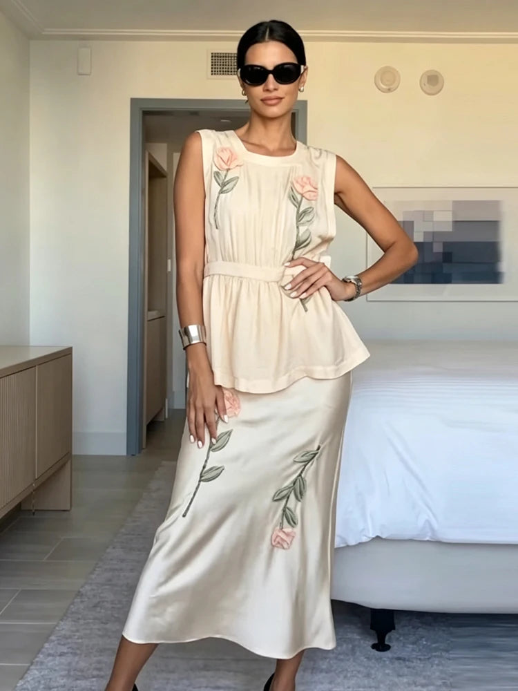 3D floral Embroidered women's midi dress square neck sleeveless pleated Peplum satin vestidos 2026 new early autumn lady dresses