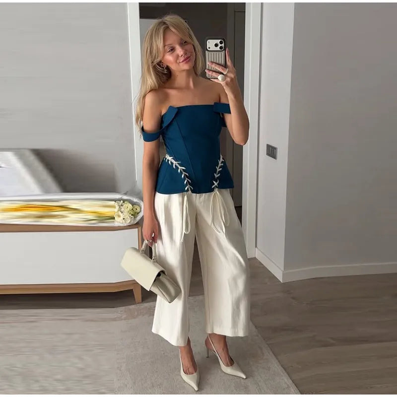 Elegant Off Shoulder Blue Tube Top Women's Contrast Lace Up Waist Cinched Corset Tops 2026 Summer New Lady Fashion Streetwear