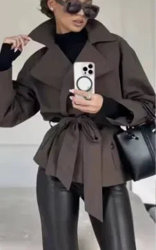Women Lapel Lace Up Short Trench Coat Casual Full Sleeve Double Breasted Loose Cropped Windbreakers 2026 New Lady Commute Coats