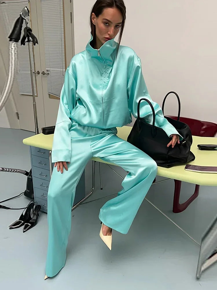 Women Satin Stand Collar Loose Jacket 2 Piece Set Long Sleeve Zip Coat Elastic Waist Pants Matching Co Ord 2026 Casual Outfits