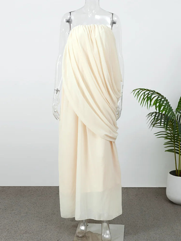 Sexy Pleated Strapless Maxi Dress Women Chic Solid Sleeveless Backless Loose Long Dresses 2026 Summer Lady Vacation Beach Outfit