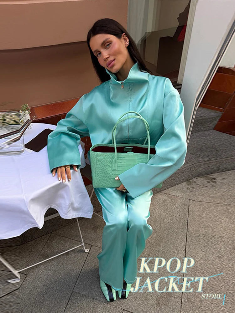 Women Satin Stand Collar Loose Jacket 2 Piece Set Long Sleeve Zip Coat Elastic Waist Pants Matching Co Ord 2026 Casual Outfits