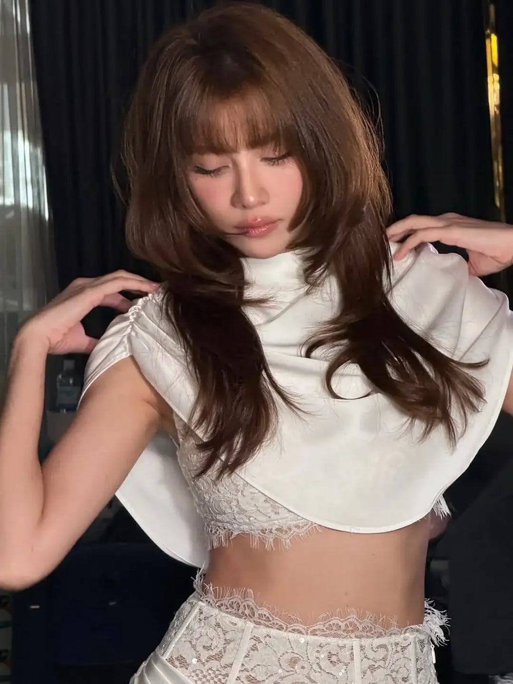 Solid Satin Lace Spliced Co-ords Lady Chic Draped Cowl Neck Ruched Cropped Top With Bodycon Mini Skirt New Party Banquet Wear