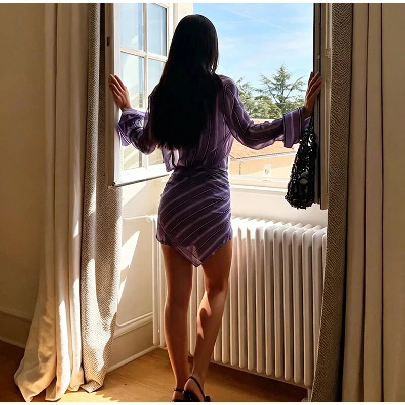 Stripe Wrap Tie Shirt Mini Dress Lapel Collar Long Flare Sleeve Loose Casual Dresses 2026 Summer Beach Vacation Fashion Outfit